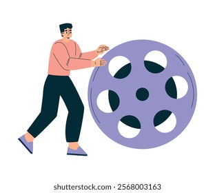 Man with Reel at Shooting Film Movie Production Scene Vector Illustration