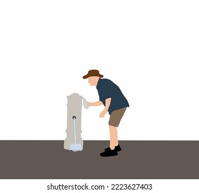 Man refill a bottle of drinking water from tap of public drinking water fountain. travel concept.