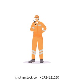 Man in reflective suit flat color vector faceless character. Industrial worker wearing orange uniform, engineer with radio set isolated cartoon illustration for web graphic design and animation