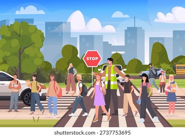 A man in a reflective vest holds a stop sign as a group of children crosses the road at a crosswalk. A worker is regulating traffic. Vector Not AI generated