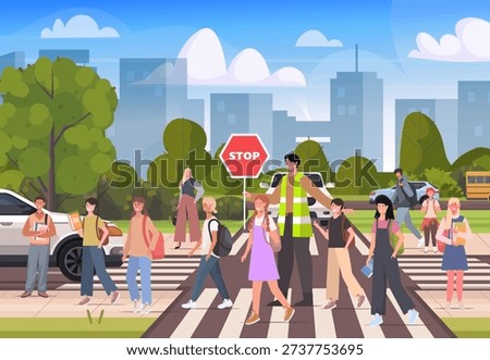 A man in a reflective vest holds a stop sign as a group of children crosses the road at a crosswalk. A worker is regulating traffic. Vector Not AI generated