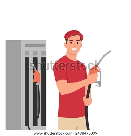 Man refueler in uniform assisting car drivers in refilling petrol pump. Flat vector illustration isolated on white background