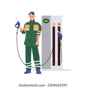 Man refueler worker cartoon character providing car service at gas station isolated on white