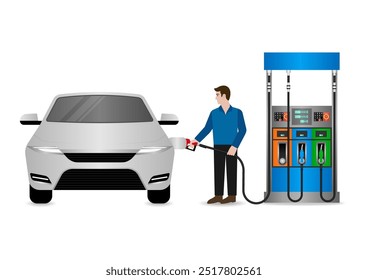 Homem reabastecendo carro no posto de gasolina. Ilustração de vetor. 