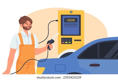 El hombre reabastece el concepto de auto. Combustible para el transporte con gasolina. Trabajador de uniforme en la gasolinera. Viaje y viaje. Afiche o pancarta. Dibujo vectorial plano de dibujos animados aislado en fondo blanco