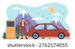 A man refuels a car at a station with mountains, sun, clouds, and birds in a clean flat style on an outdoor background showing travel concept. Hand-drawn vector illustration