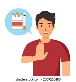 Man Refuse Cigarettes In Flat Design. Stop Smoking For Good Health.