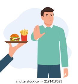 El hombre rechaza la comida rápida. Guyl muestra el signo de la mano de parada para comidas poco saludables, grasas, de alto calorías. Dieta y estilo de vida saludable. Ilustración del vector