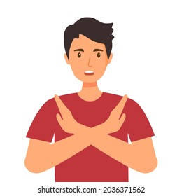 Man refuse or reject hand gesturing in flat design on white background. No means no concept.