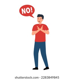 Man refuse or reject hand gesturing in flat design on white background. No means no concept.