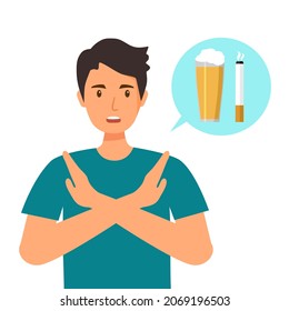 Man refused drinking alcohol and smoking  in flat design. Stop drinking beer and smoking cigarette for good health.