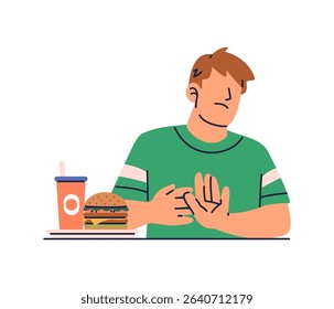 A man refused to eat junk food, hamburger and drink soda for health reasons. Flat vector illustration isolated on white background