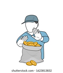 man refuses a bag of money. bribe, corruption. vector illustration.