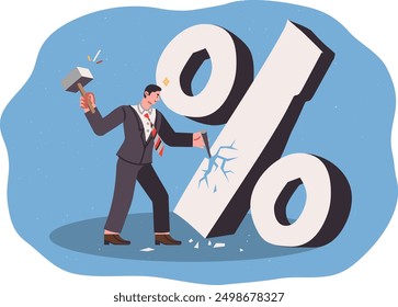 El hombre rechaza el préstamo y paga comisiones a los bancos, usa el martillo para romper el signo del porcentaje. El hombre de negocios no quiere pagar el préstamo, por concepto de incumplimiento de las obligaciones financieras al utilizar el arrendamiento