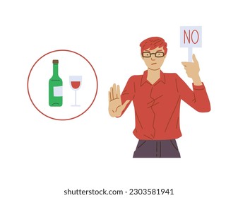 Man refusing alcohol drinks, flat cartoon vector illustration isolated on white background. Healthy lifestyle choosing and quitting bad habits and addiction.