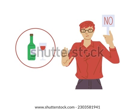 Man refusing alcohol drinks, flat cartoon vector illustration isolated on white background. Healthy lifestyle choosing and quitting bad habits and addiction.