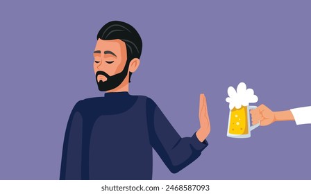 
Man Refusing a Beer Pint Choosing Sobriety Vector Cartoon. Nondrinker person decline an offer for alcoholic drink at a party
