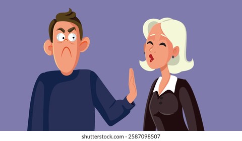 
Man Refusing a Kiss from a Seductive Lady Vector Illustration. Married guy rejected unwanted advances from former girlfriend 
