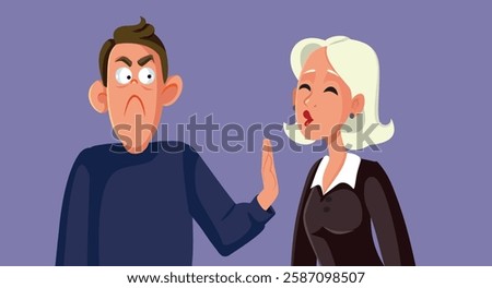 
Man Refusing a Kiss from a Seductive Lady Vector Illustration. Married guy rejected unwanted advances from former girlfriend 
