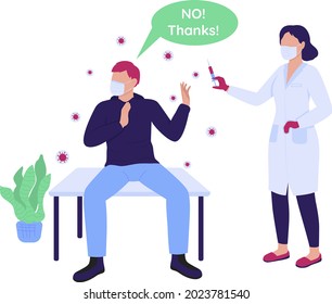 Man refusing to take vaccine semi flat color vector characters. Full body people on white. Vaccination hesitancy isolated modern cartoon style illustration for graphic design and animation