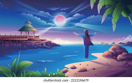 A man in a reggae hat and dreadlocks is embracing the sun with open arms. He stood on the beach to breathe freely and let himself go. A natural landscape scene that relaxes freely and loves life.