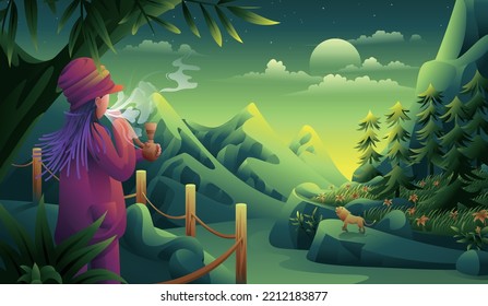 A man in a reggae hat and dreadlocks is smoking a cigarette. He stood under the tree watching a roaring lion in the distance. A natural landscape scene for relaxation and freedom.