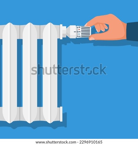Man regulates the thermostat controller in the house. Heating thermostat. Adjusting radiator temperature. Vector illustration flat design. Isolated on white background.