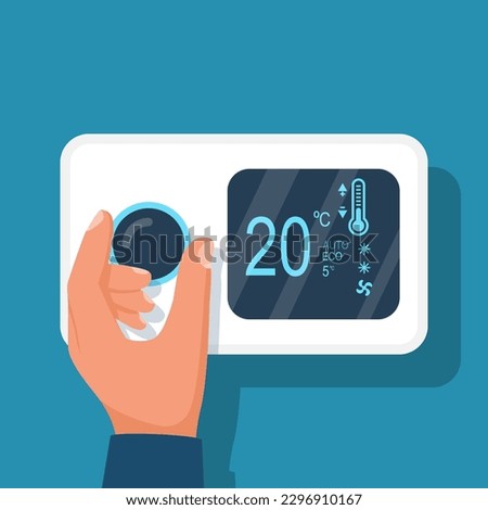 Man regulates the thermostat controller in the house. A person regulates heating and climate on a digital device. Vector illustration flat design. Isolated on white background.