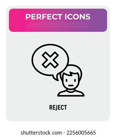 Man rejected something. Refuse, personal boundaries, say no. Speech bubble with delete symbol. Cancel or decline offer. Modern vector illustration.