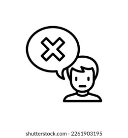 Man rejected something. Refuse, personal boundaries, say no. Speech bubble with delete symbol. Cancel or decline offer. Modern vector illustration.