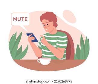 Man rejecting social medias 2D vector isolated illustration. Flat character on cartoon background. Internet addiction colourful editable scene for mobile, website, presentation. Quicksand font used