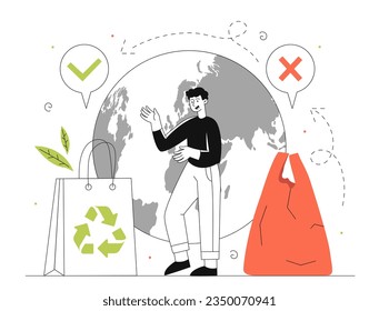 Hombre con el concepto de línea de plástico de rechazo. El cuidado de la naturaleza y el medio ambiente. Despilfarro cero y estilo de vida sostenible. Reciclaje y reutilización. Activista ecológico y voluntario. Ilustración lineal vectorial
