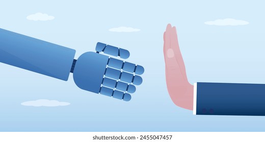 El hombre rechaza el apretón de manos del robot. La mano humana muestra el gesto - alto. Miedo humano a las nuevas tecnologías. Prohibición de la inteligencia artificial y la robótica. Imposibilidad de colaboración entre humanos y robots.