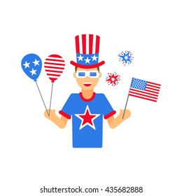 Man rejoices in the American Independence Day 4th of July. Flat vector illustration