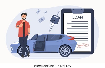 A man rejoices at the approval of a car loan. Vector illustration.