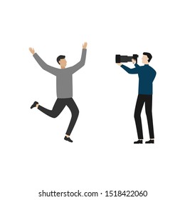 Man rejoices. Man with a camera Flat cartoon character isolated on white background