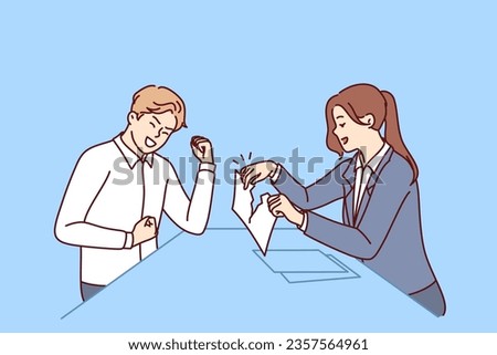 Man rejoices at completion contract, sitting near business woman tearing up agreement document. Happy guy finds out about termination business contract with employer and waves hands victoriously