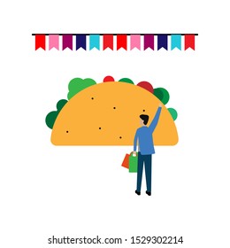 Man rejoices holiday. Taco mexican food.  Taco fast food