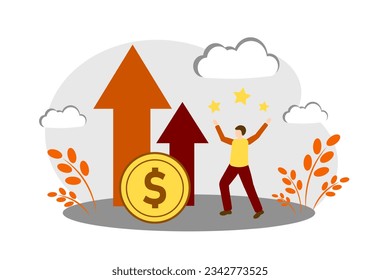 The man rejoices in the increase in income. Career growth. Money and an arrow. Vector illustration isolated on white background.