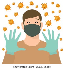 Mensch freut sich über den Schutz vor Viren, den Schutz vor Krankheiten, die Tragemaske, das Gesundheitswesen, Vektorgrafik