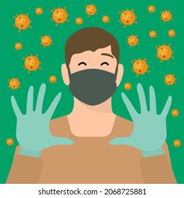 man rejoices over being protected from virus, protection from disease, wearing mask, healthcare, vector illustration