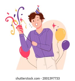 A man rejoicing by setting off party firecrackers. Event celebration concept people vector illustration.