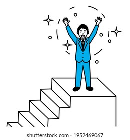 Man rejoicing on the stairs. Vector illustration.