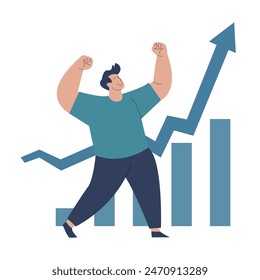 Man rejoicing as stocks rise flat vector illustration on white background.