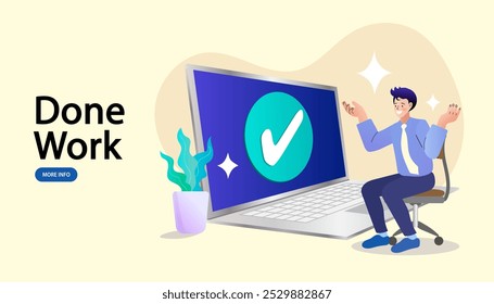 Man rejoicing at successful completion of job. Completed task, good result. Finished project. happy male worker or businessman completed task and triumphing at his laptop, workplace. Vector