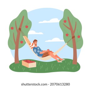 Man relax in hammock. Camping, vacation, recuperation. Character looking at backyard. Summer days, garden, fruit trees. Nature outdoor, fresh air, weekend apple. Cartoon flat vector illustration