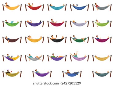 Man relax hammock icons set cartoon vector. Beach vacation. Male character rest