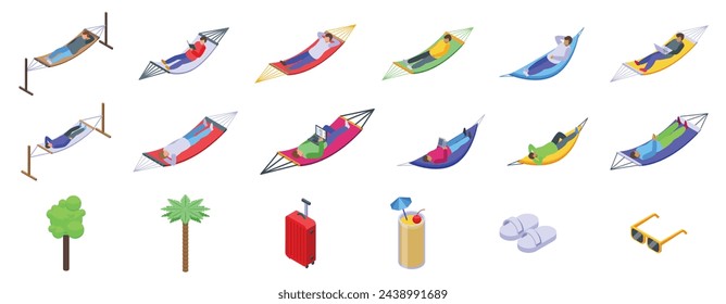 Mann entspannen Hängematte Icons Set isometrische Vektor. Strandurlaubsruhe. Tourist im Freien
