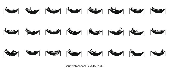 Man relax hammock icons set. Set of people relaxing in hammocks, enjoying leisure time outdoors, reading, using electronic devices, and taking a nap