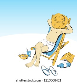 man relax on beach bed doodle style vector illustration